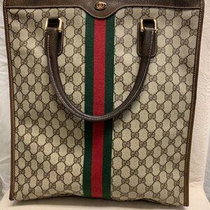 Vintage Auth Gucci Monogram Canvas Sherry Line green red Tote
